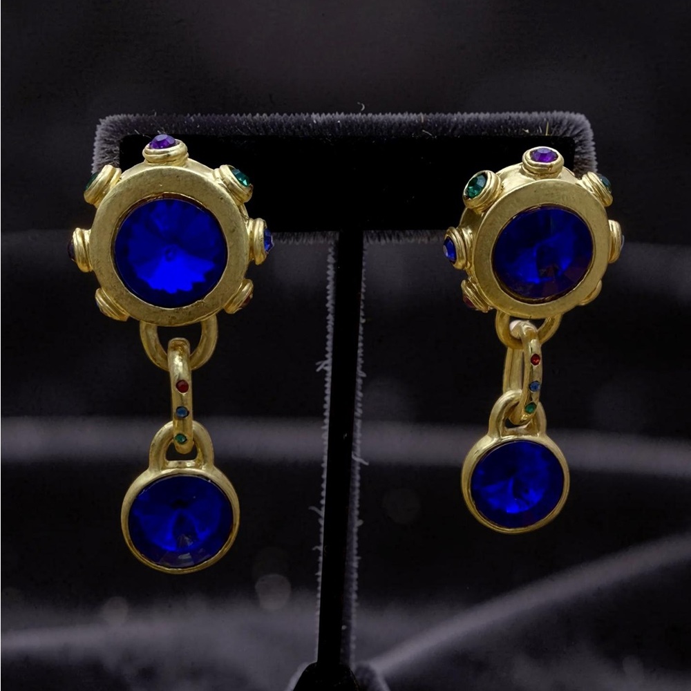 Vintage Blue Statement Crystal Drop Gold-Tone Earrings